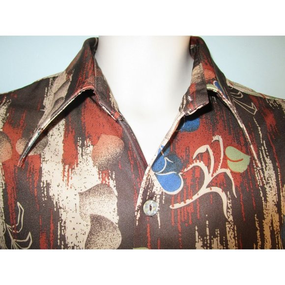 Vintage 70s Joel Cal Made Polyester Disco Shirt Wood Foliage Pattern Mens Lg GUC - Picture 6 of 16